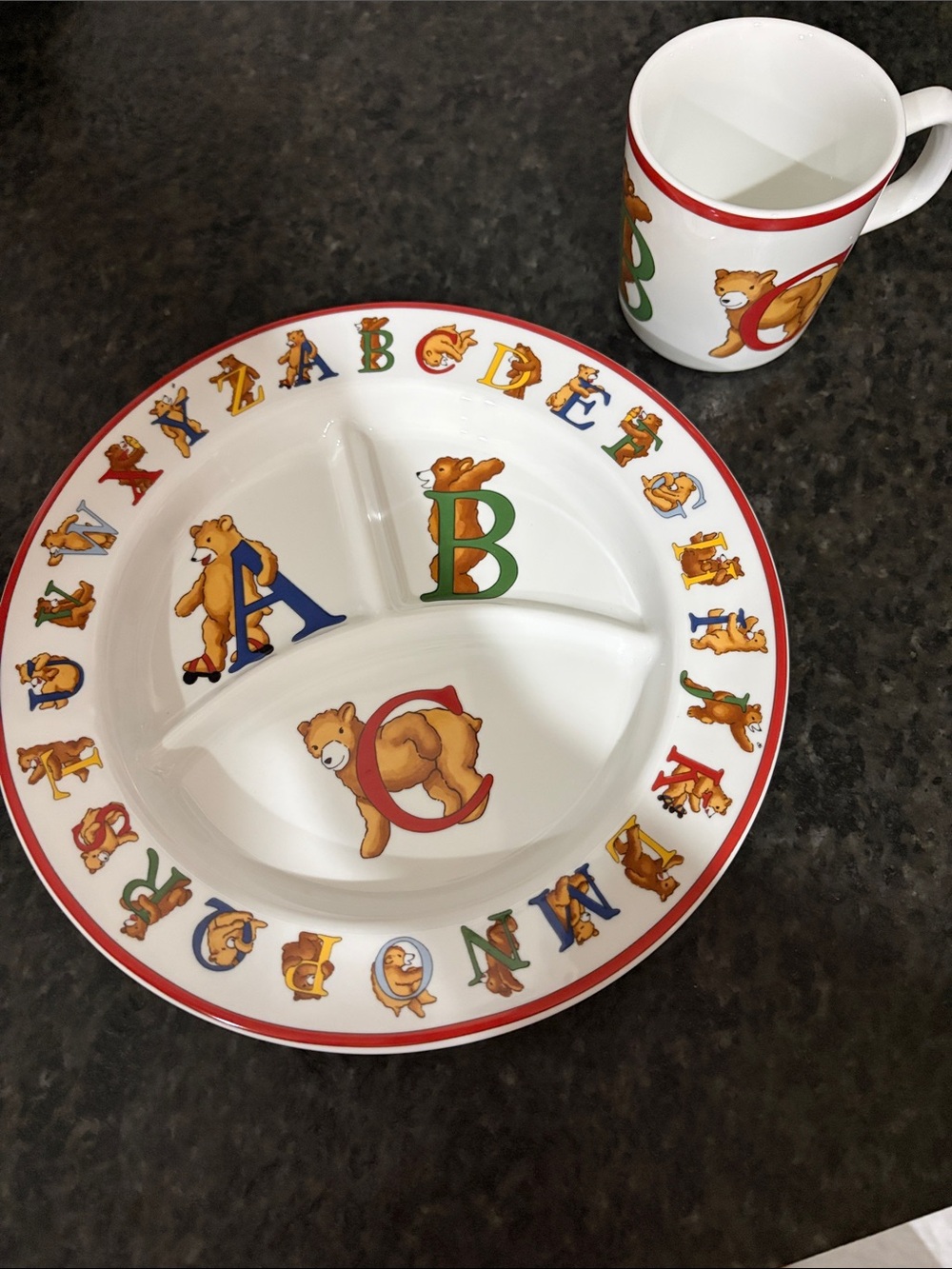 Tiffany & Co. Children's Alphabet Bear Divided Plate and Mug Set